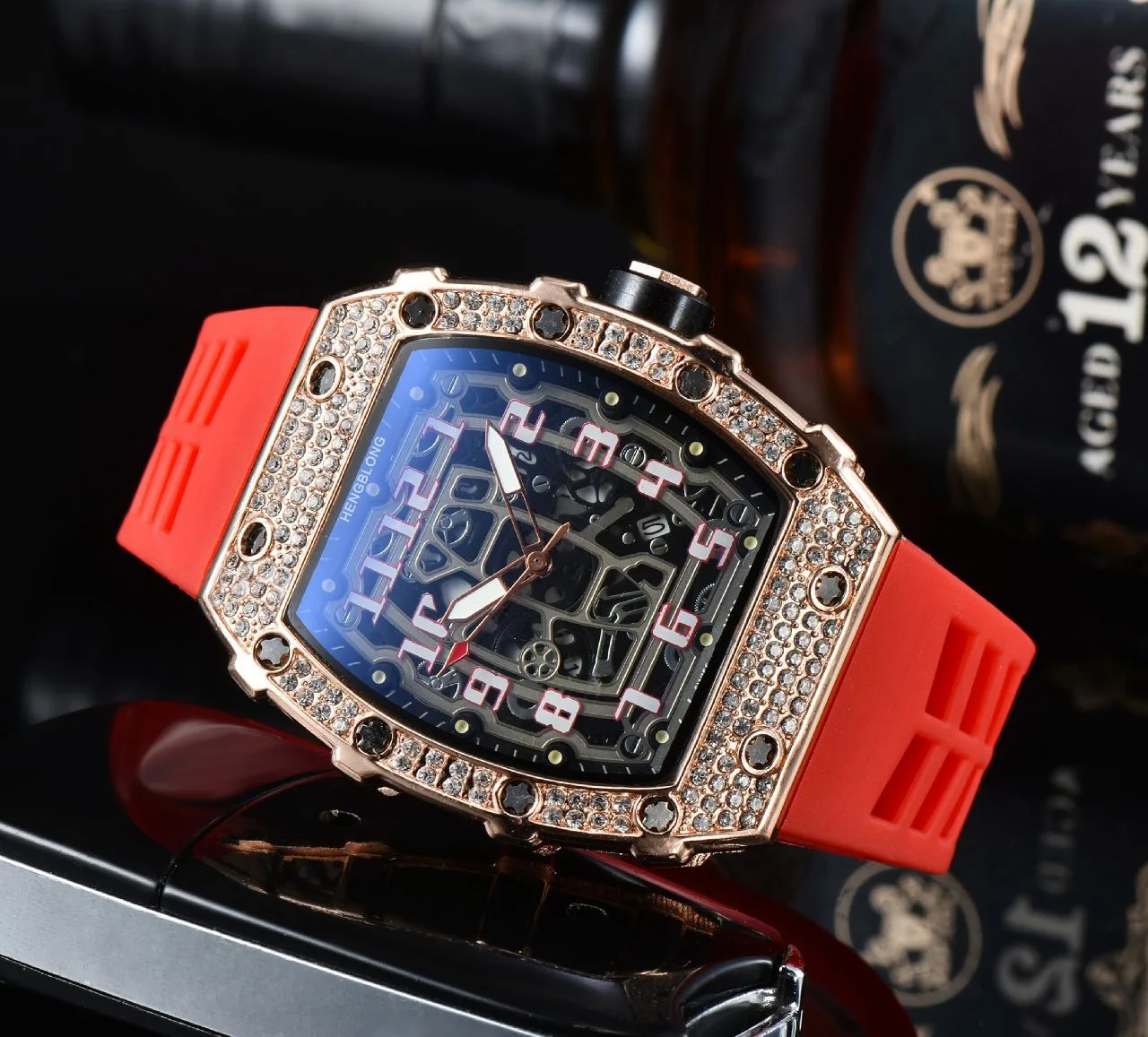 Fashionable luxury diamond inlaid watch silicone strap tonneau  large dial watch hollowed out surface calendar quartz