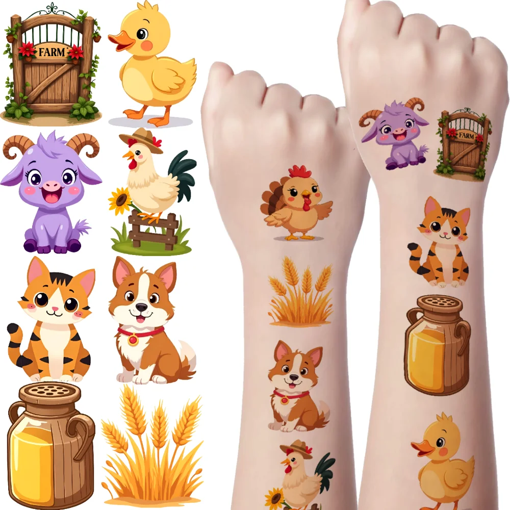 63 قطعة من ملصقات الوشم المؤقت على شكل حيوانات المزرعة، ملصقات تزيين كرتونية مقاومة للماء، ملصقات جسم طويلة الأمد للأسلحة