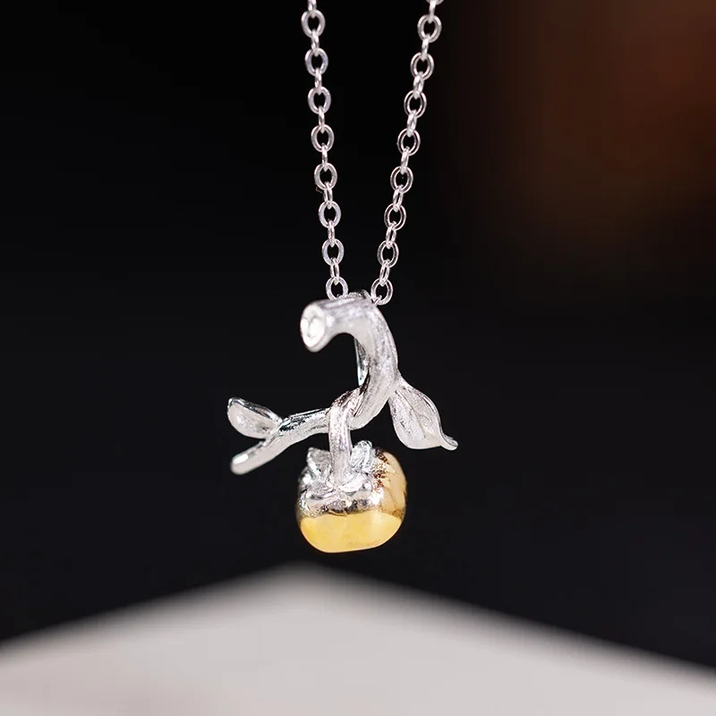

Chinese-style Golden Persimmon Pendant Necklace, Handcrafted S925 Silver Necklace, Minimalist Original Women's Collarbone Chain
