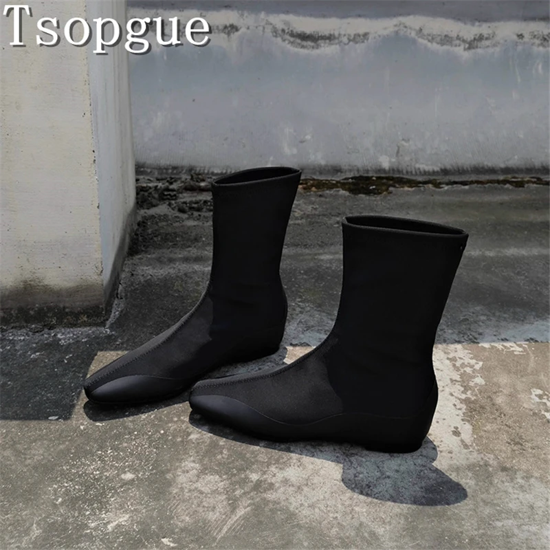 

Autumn New Black Flat Square Toe Stretch Boots Women Fashion Height-Increasing Insoles Slim Mid Calf Boots