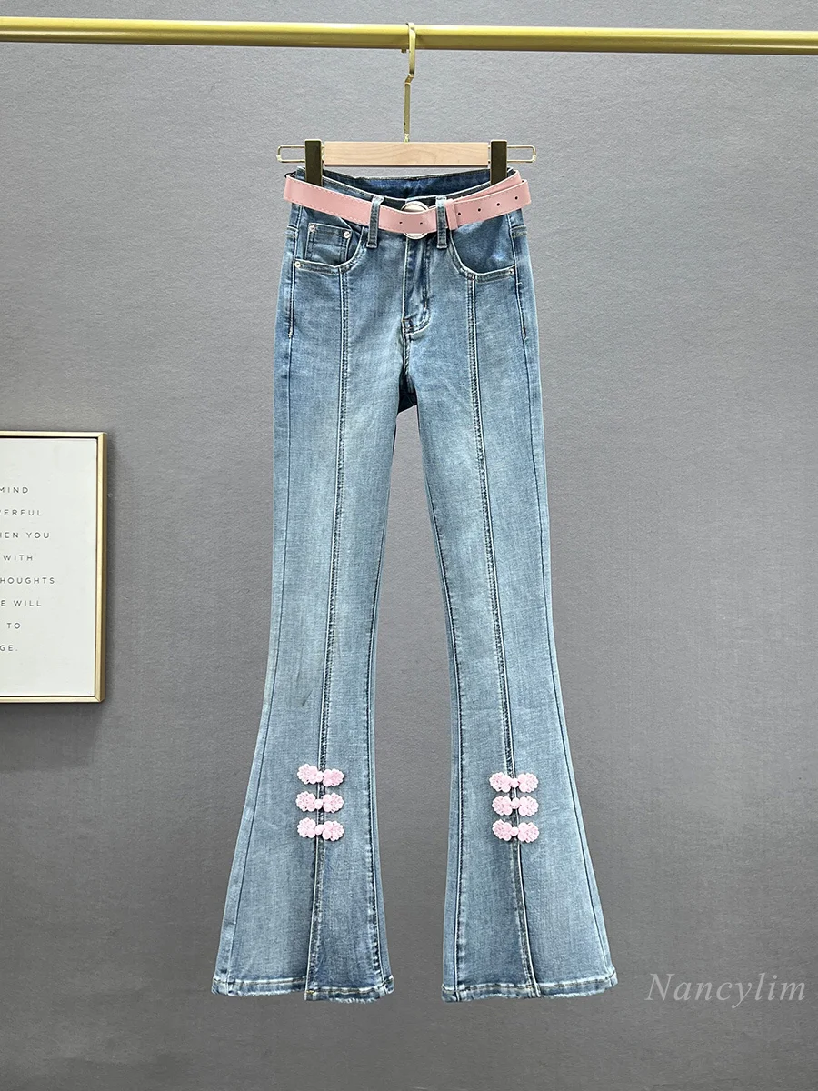 National Style Buckle Split Denim Boot-Cut Pants Female Fashion 2024 New Spring Summer High Waist Slim-Fit Skinny Jeans