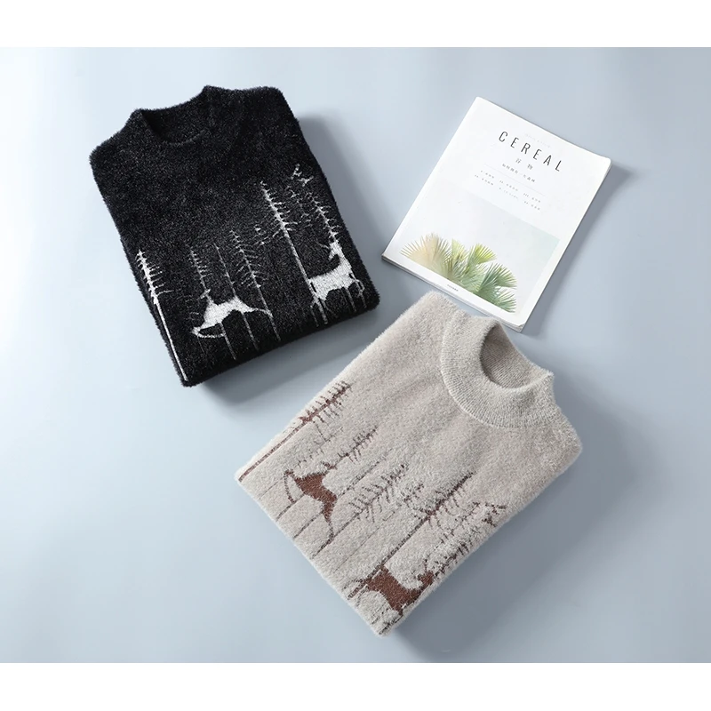 Men's Autumn Winter Long Sleeves Knit Sweater Round Neck Mink Fleece Jacquard Best Seller Pullover Trend Leisure Men's Clothing