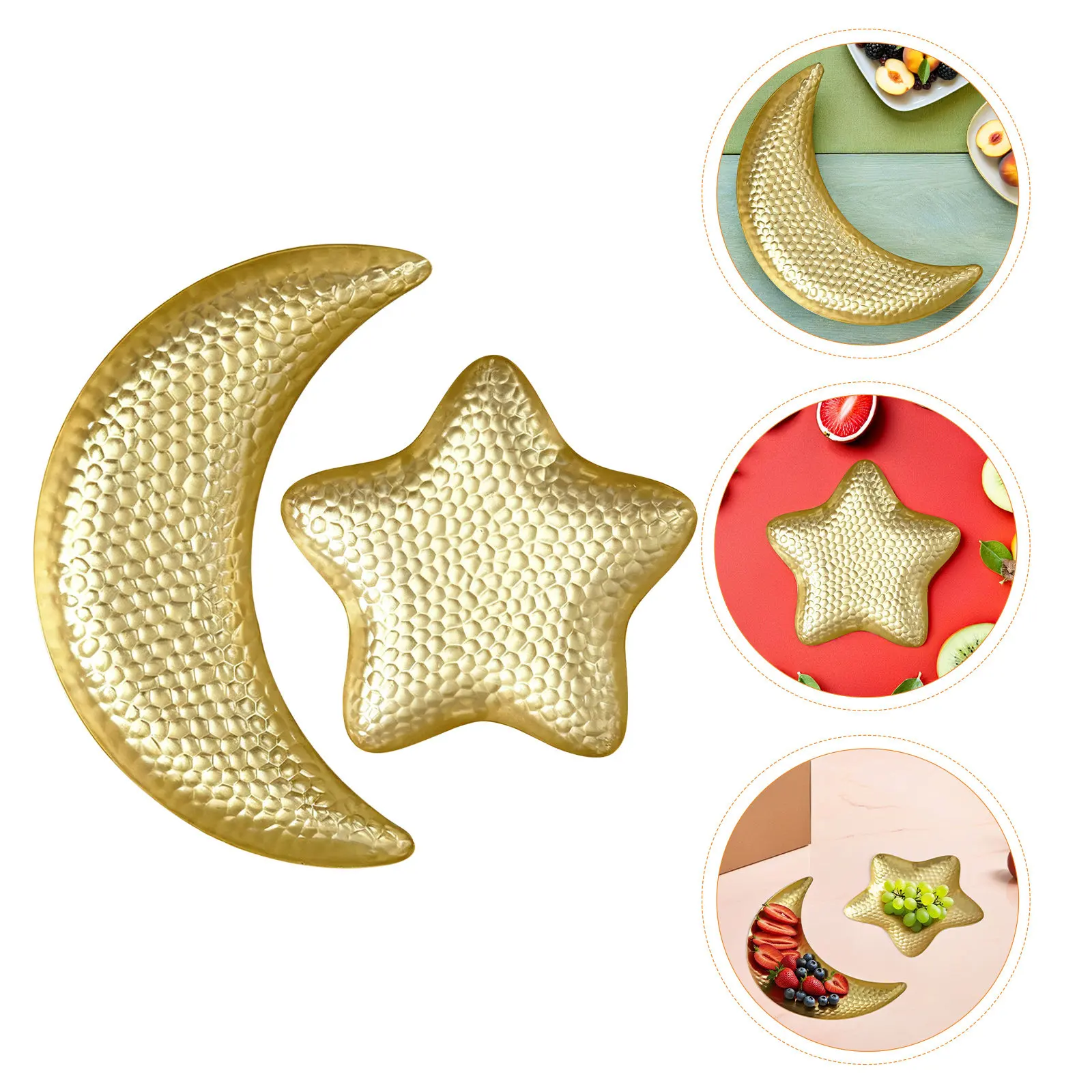 2Pcs Gold Moon Star Hammered Iron Fruit Tray Vintage Decorative Platter for Eid Ramadan Dessert Snacks Party Decor