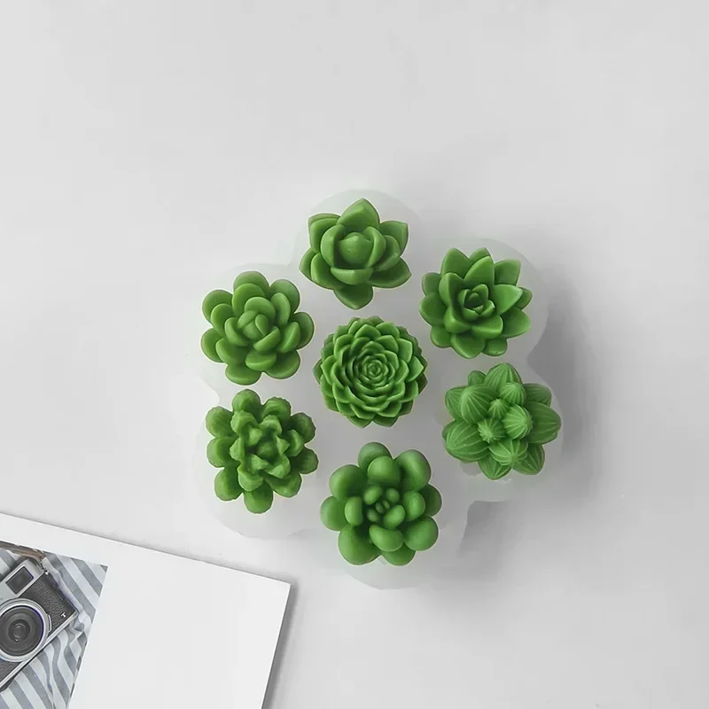 7pcs Succulent Flowers Candle Mold 3D Cactus Lotus Rose Soap Plaster Crafts Mold DIY Chocolate Fudge Pastry Cake Silicone Molds