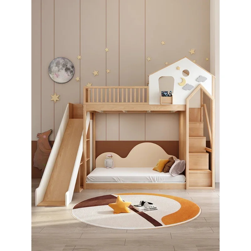 Youmanju children's solid wood tree house bed log wind elevated bed high and low slide bed can be customized bunk bed.