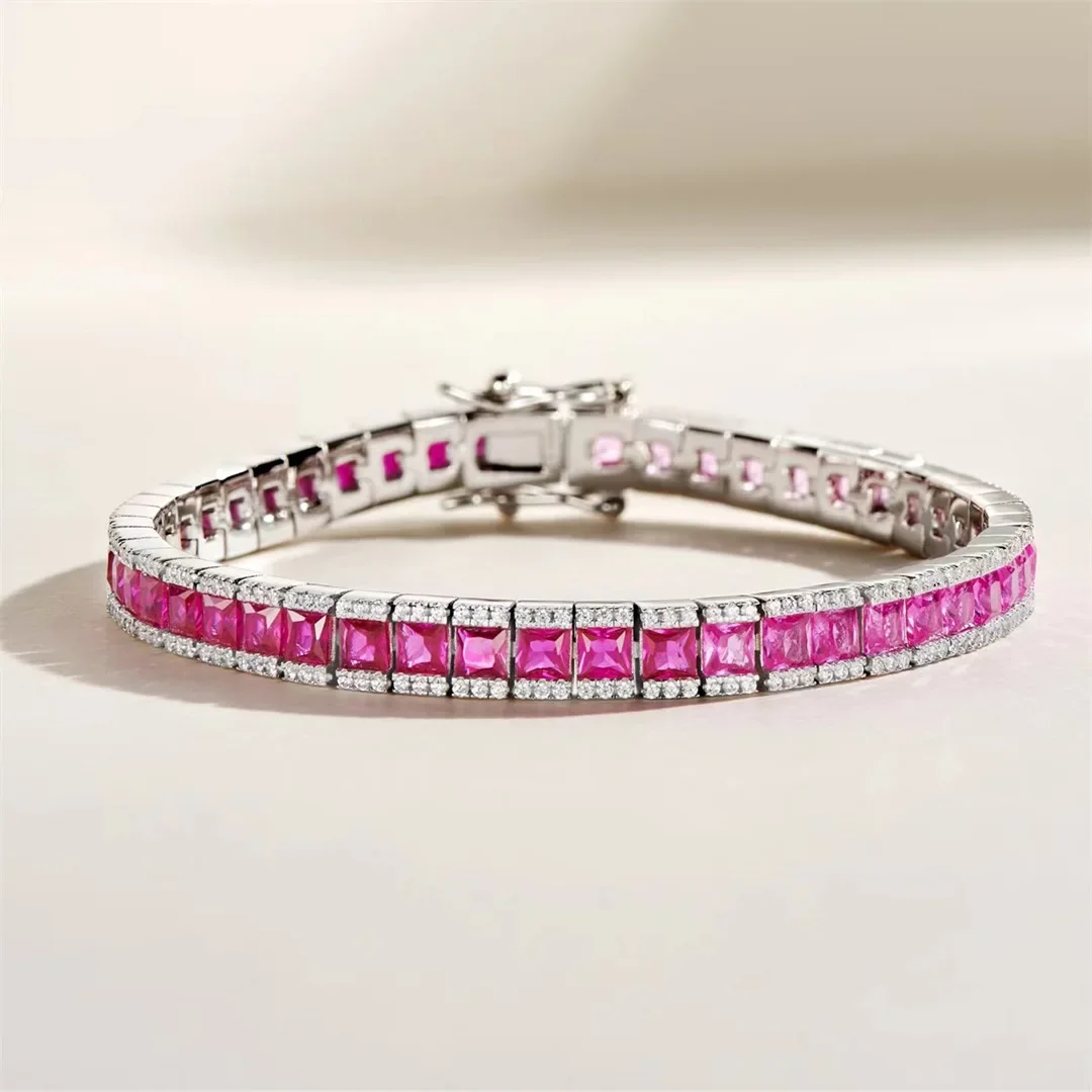 Gradual Change Color Ruby Bracelet S925 Silver Muse Simulation Red Corundum Row Diamond Bracelet Whole Row Diamond Jewelry