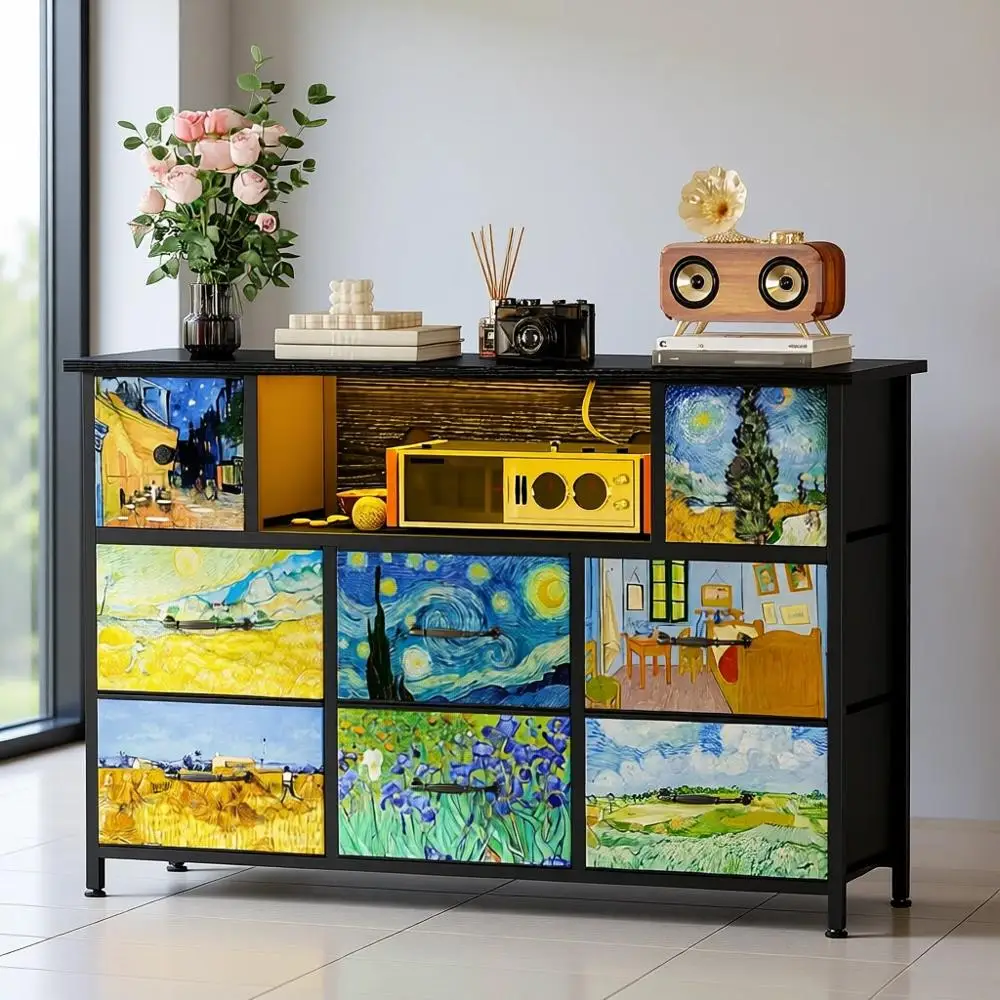 

55 TV Stand with 8 Drawers, Bedroom Dresser or Chest of Drawers, Nursery Art Furniture with Power Outlets and LED Lights