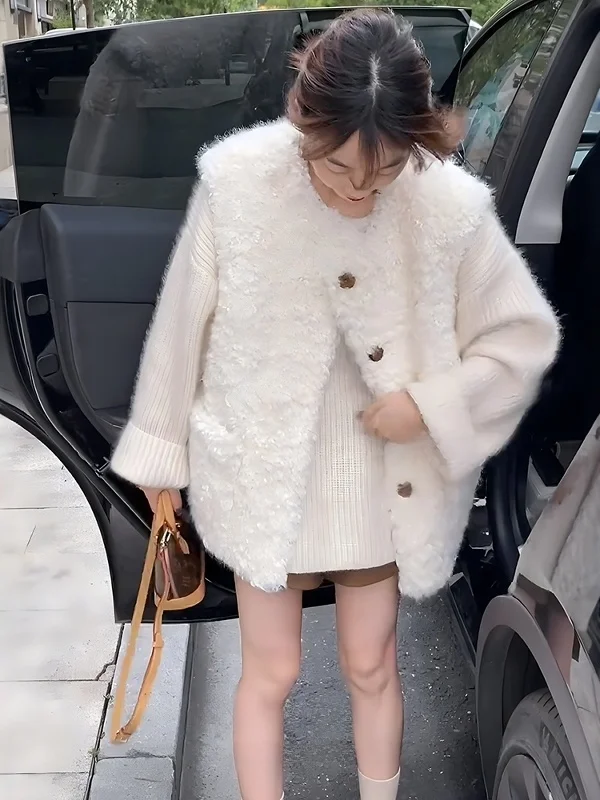 

Lamb Fur Vest Women's Sleeveless Outerwear Autumn Winter New Style Warm Versatile Layering Top Coat Girls Commute Style