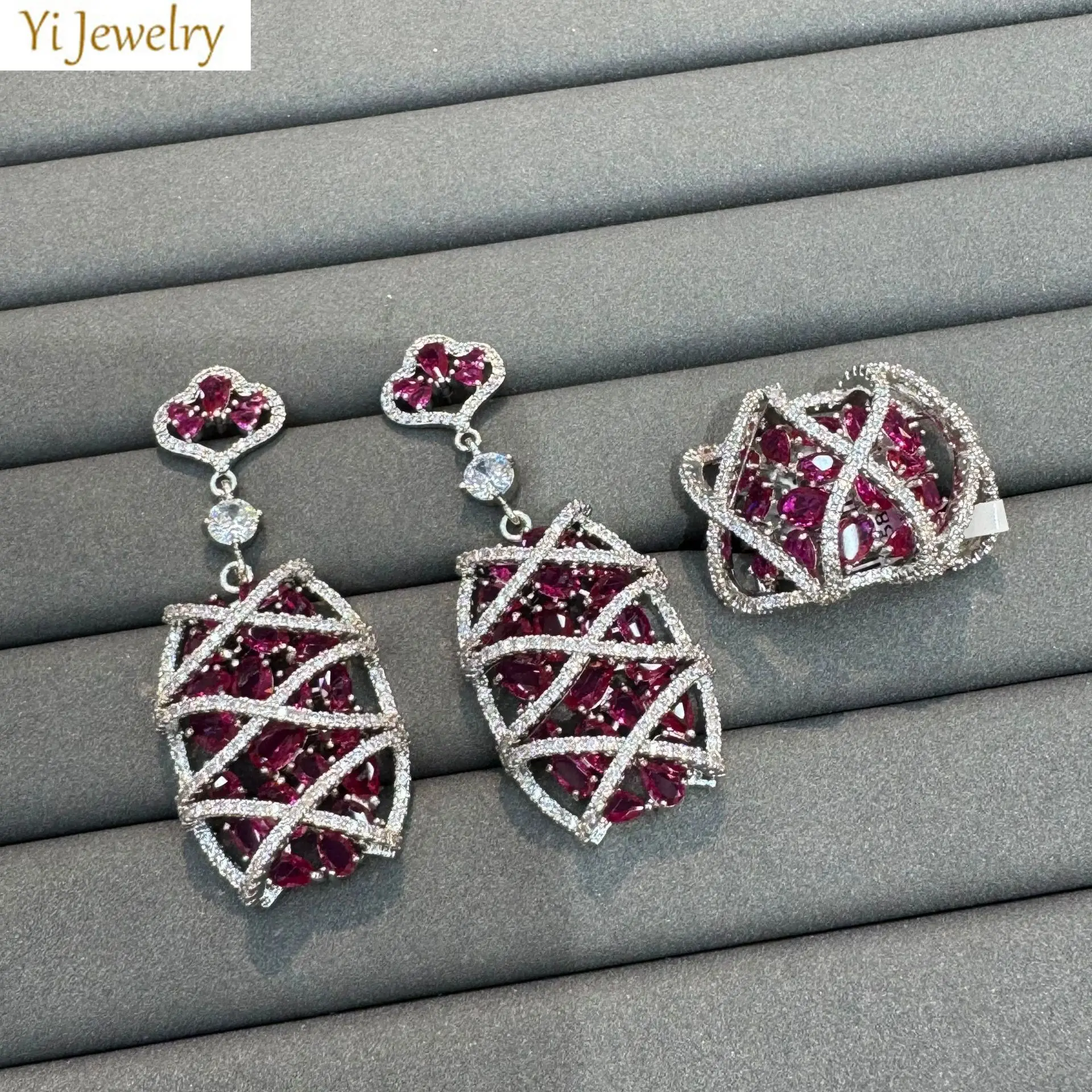 

luxury zirconia earrings and ring set women dinner party shiny jewelry fushia white multicolor zircon anniversary gift female