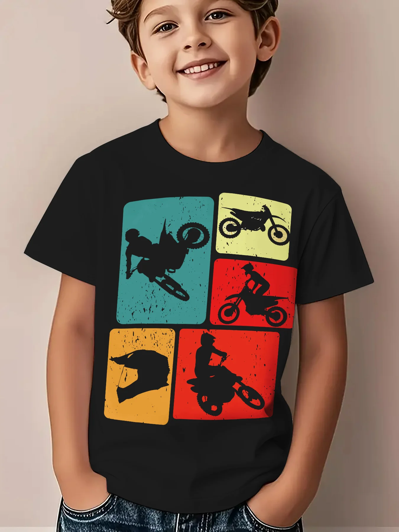 Boys Girls Creative Motorcycle‑Racing‑Print Trendy Street‑Style Summer Short‑Sleeve Kids T‑Shirt