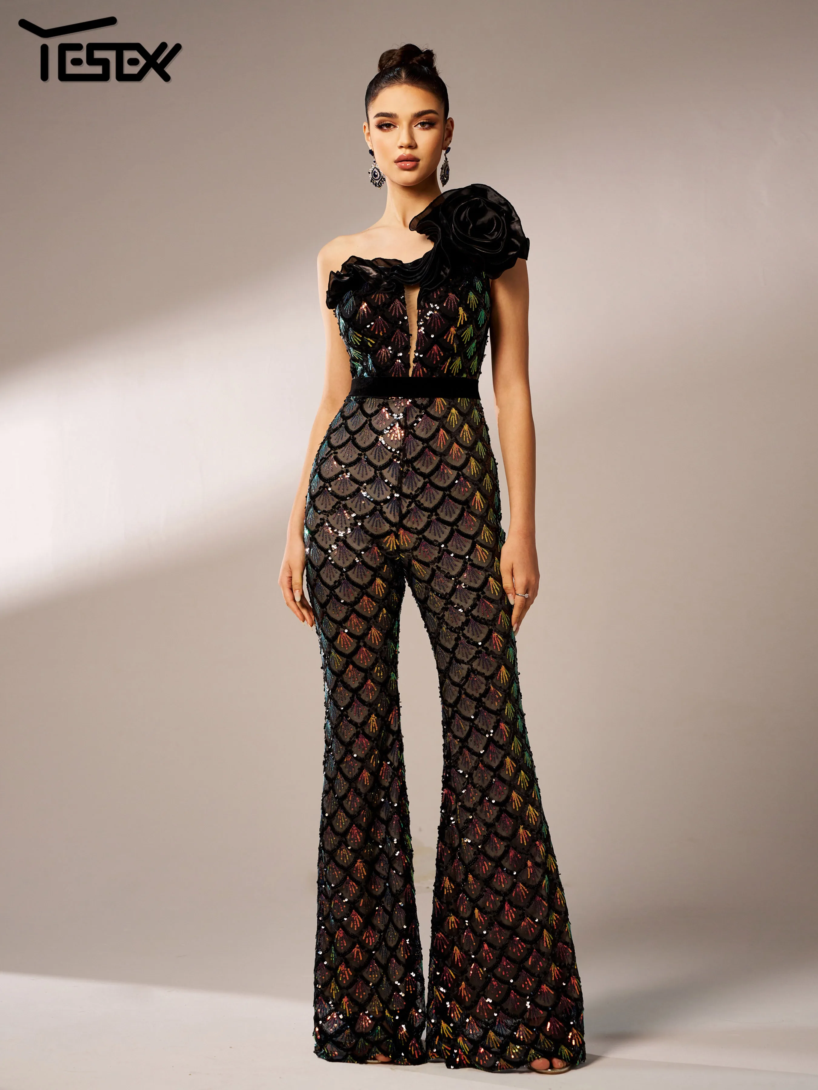 Yesexy New One Shoulder Fashionable Elegant Sequin Jumpsuit Flared Formal Occasion Birthday Party High Quality Luxury Pants