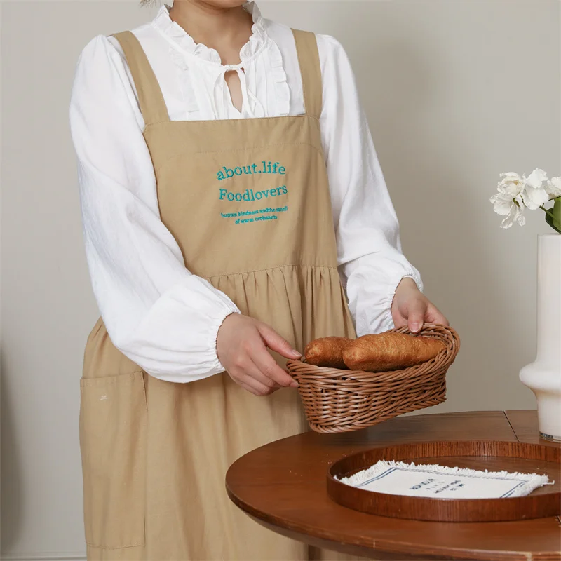 Enlarged Embroidered Cotton Waterproof Apron with Pockets for Women No-tie Kitchen Cross Back Aprons Smock for Cooking Gardening