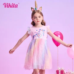 VIKITA Kids Flare Sleeve Summer Dress Girls Unicorn Flower Print Dresses Girls Pink Princess Birthday Party Gradient Cute Dress