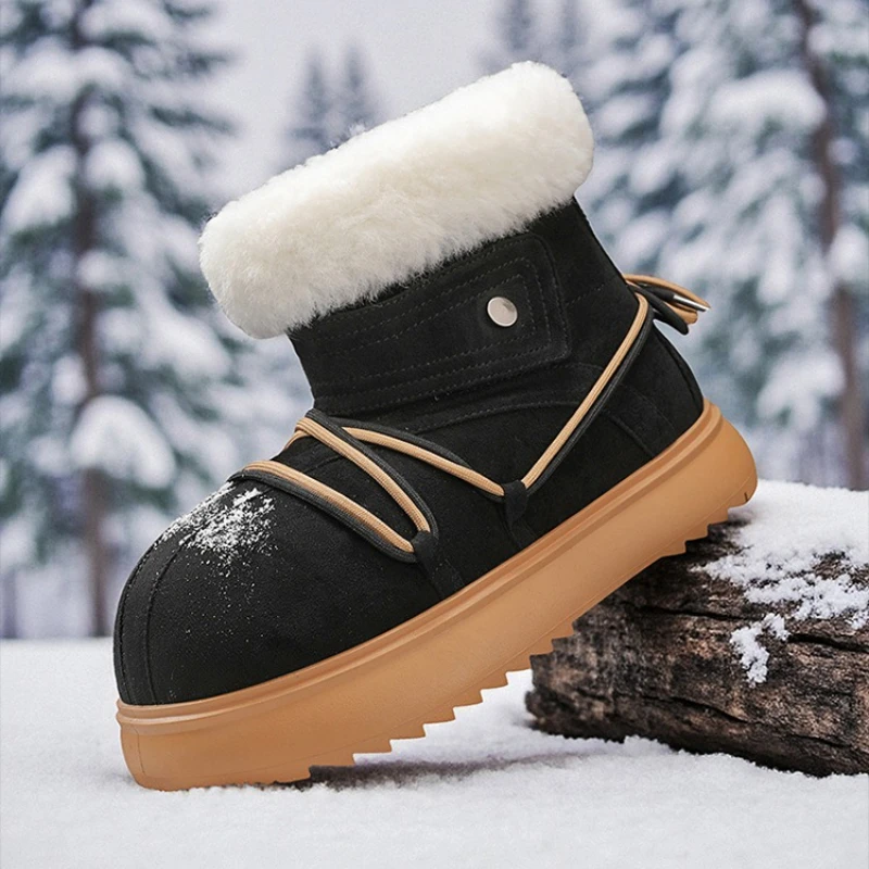 Man Snow Boots Concise Style Plush Chunky Winter Woman Short Boot Solid Color Slip-on Unisex Outdoor Round Head Cotton Shoes