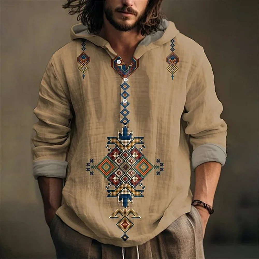 

2024 autumn new men's linen fashion shirt printed bamboo hemp hooded shirt men's street jacket Hawaiian top