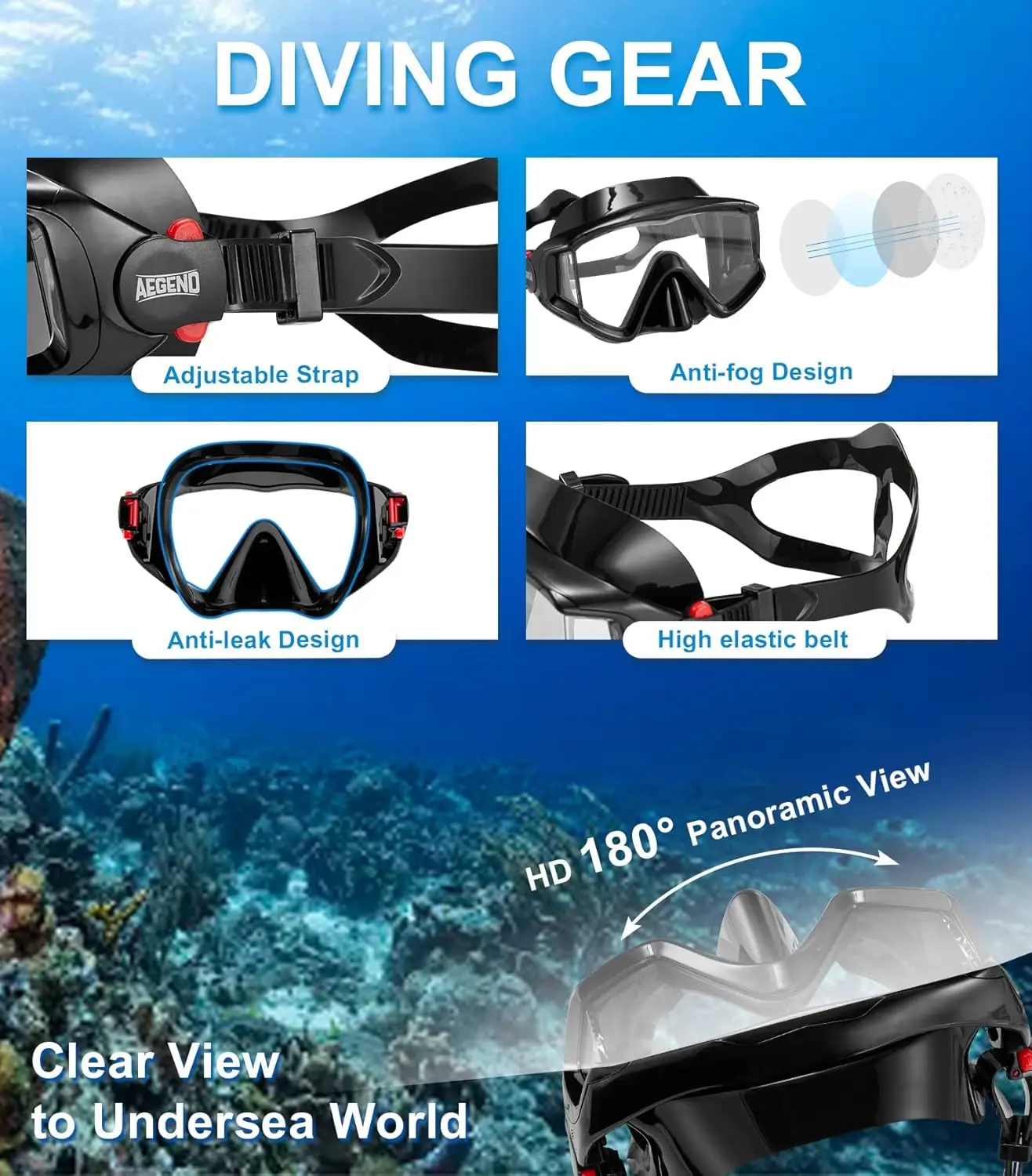 Snorkel Mask Set, Dry Top Valve Panoramic View, Anti Leak Anti Fog Polycarbonate Diving Gear for Adults Youth Use