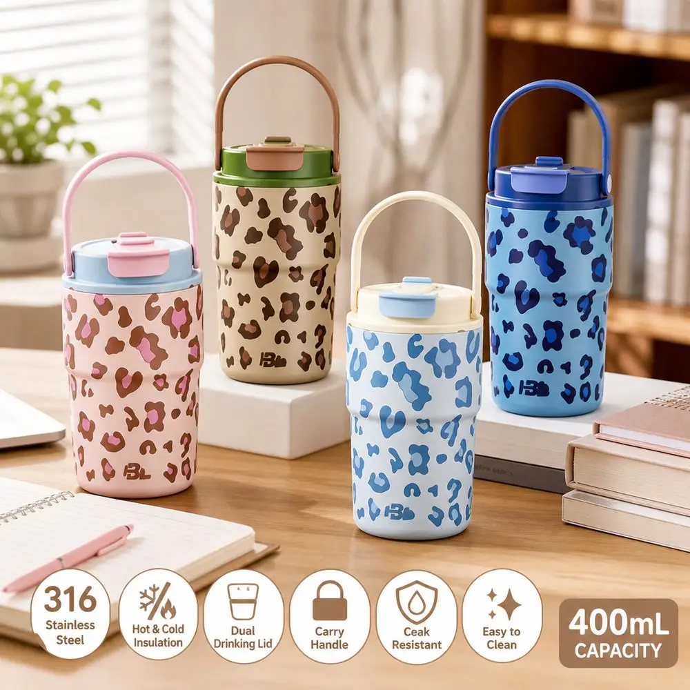 Stainless Steel Insulated Water Bottle Leopard Print Dual Drinking Lid Thermal Water Bottle 400ML Carry Handle