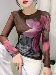 S-4XL Autumn Winter Double-Layer Mesh T-shirt Female Printing Positioning Flower Long Sleeved Round Neck Slim Top FF0923
