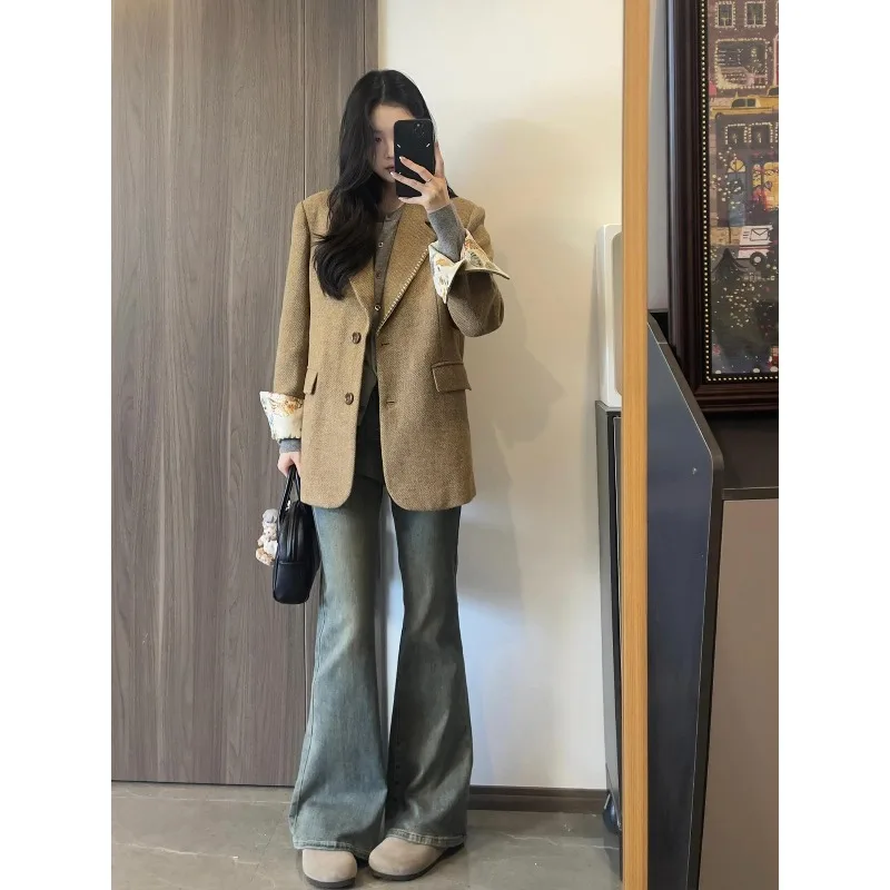 Rétro coréen kaki Tweed costume Jaet femmes ample décontracté Sle automne hiver haute qualité chaud longue Sve bouton unique E12383