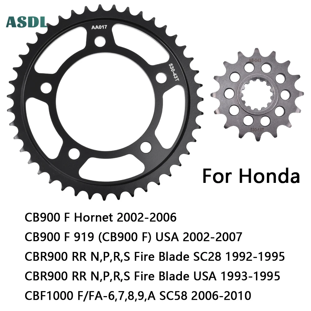 

530 43T 16T Front Rear Sprocket Kit for Honda CB900 F Hornet 2002-2006 CB900F 919 USA 02-2007 CBR900 RR SC28 USA CBF1000F 06-10