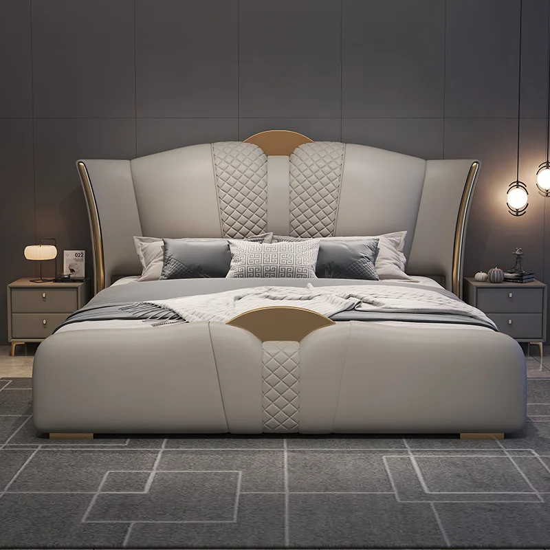 

SAT. Hot Sale Luxury Modern King Bed Luxury Bedroom Furniture Home Hotel Bed Frame Solid Wood Leather Double Bed with Storage