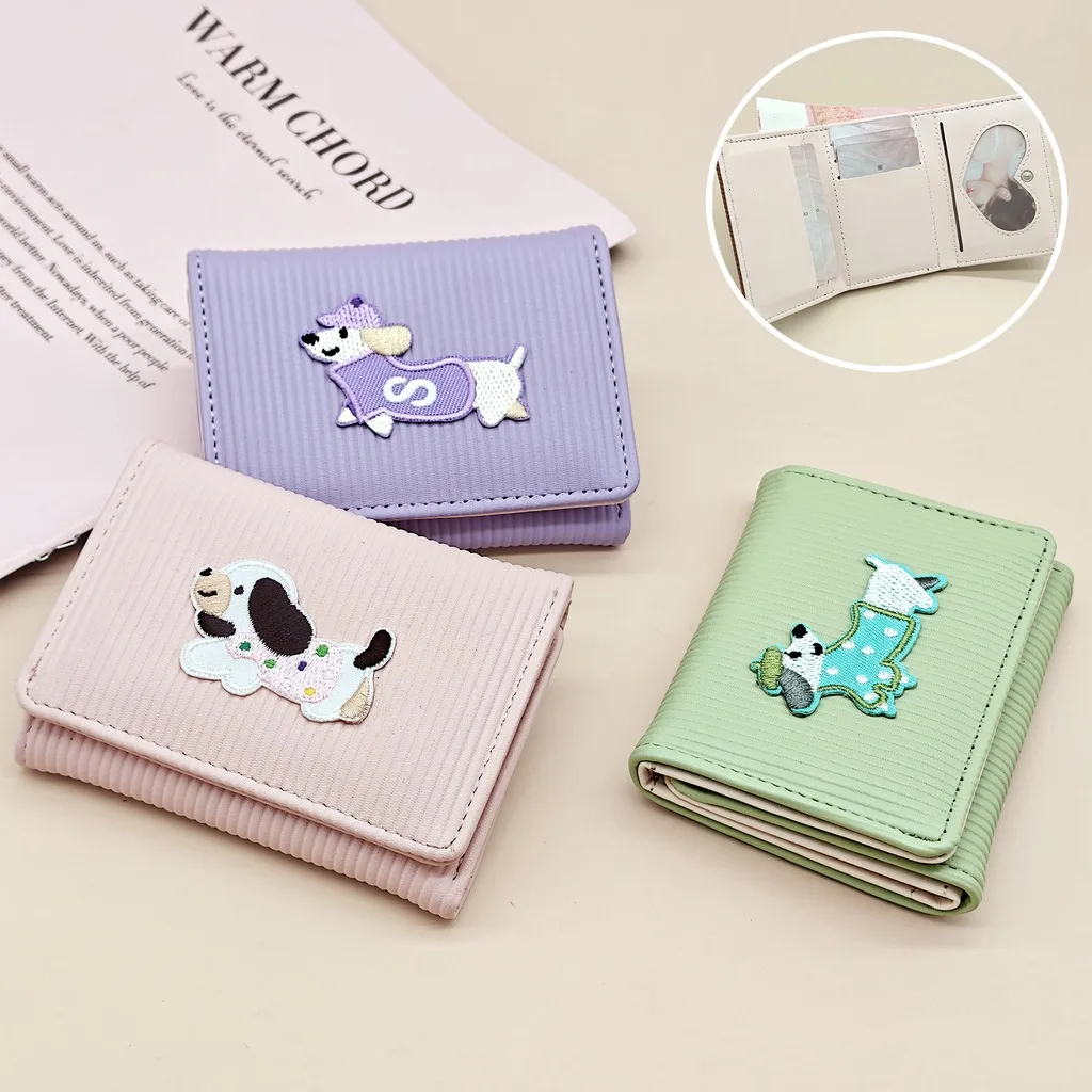 Trifold Wallet Women Short Wallet Cute Dog Embroidery Card Holder Kawaii Money Bag ID Window Female Clutch Money Bag
