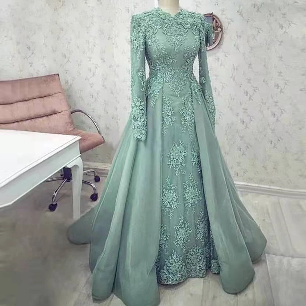 

Saudi Arabia Tiffany Blue Lace Applique Prom Dress O Neck Full Sleeves Overskirt Evening Gown Elegant A-line Tulle Vestido De