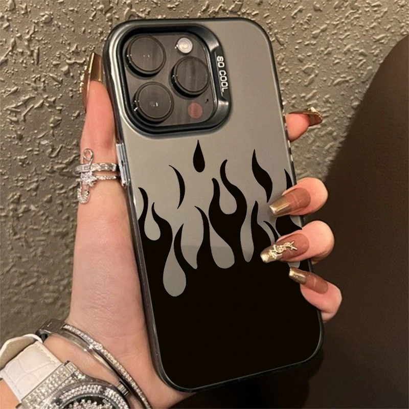 Fashion Black Flame Electroplate Silver IMD Phone Case For iPhone 11 12 13 14 15 Pro Max 7 8 Plus X XS XR Shockproof Back Cover