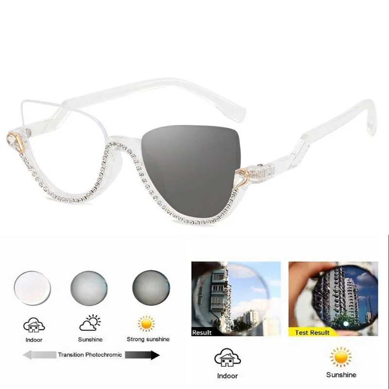Strass Cat Eye Photochrome Myopie Gläser Frauen Fertig Brillen Weibliche Outdoor Verfärben Fahren Brillen – Detail 5