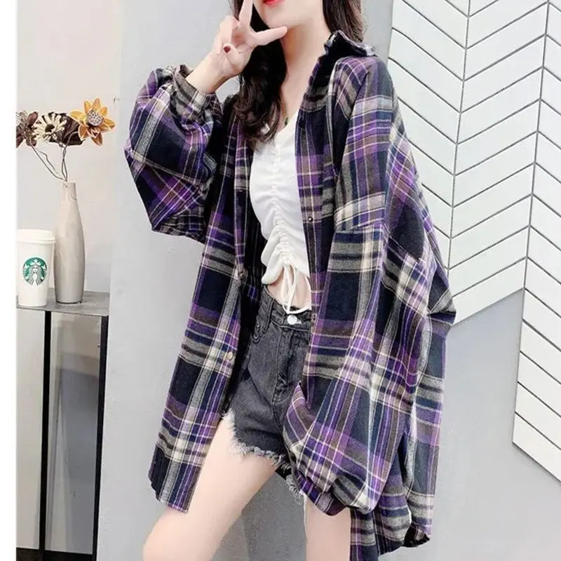 Plaid Shirts Women Long Sleeve Cardigan Vintage Top Black Checked Shirt  Button Up Oversize Korean Fashion Female Coat Jackets