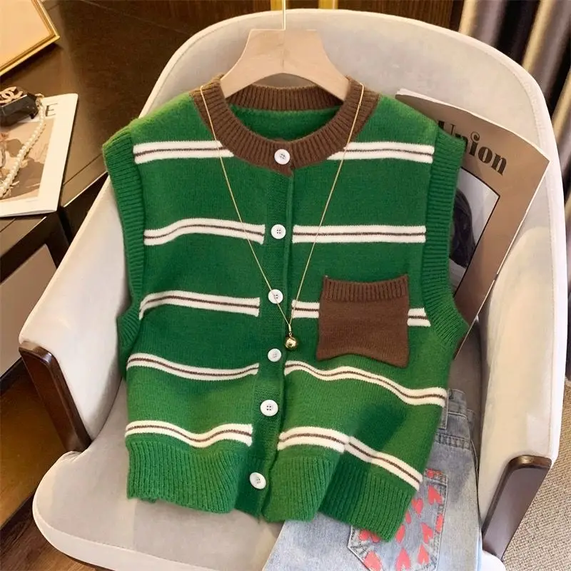 Spring Autumn New Fashion Commute Women Round Neck Spliced Striped Pockets Cardigan Button Sleeveless Loose Sweater Knitted Tops