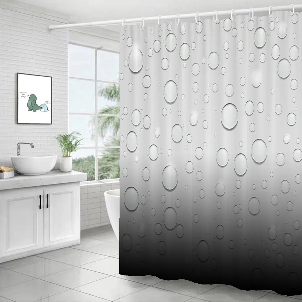 1pc Water Droplets Gradient Shower Curtain - Translucent Polyester, Light to Dark Gray Design with Realistic Water Effect, Machi