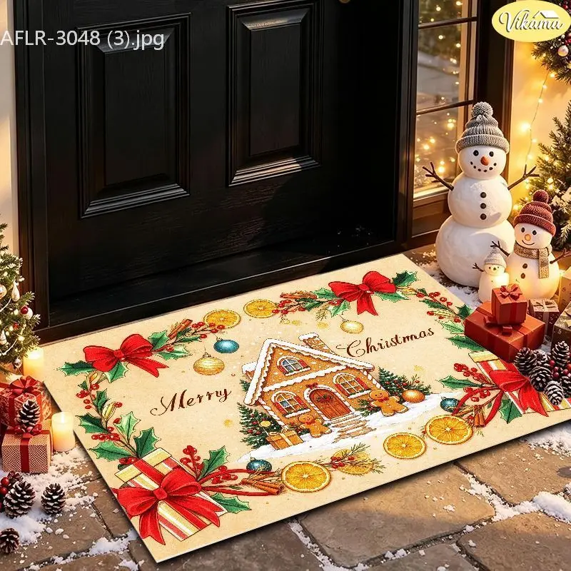 VIKAMA Gingerbread House Red Bow Entryway Rug Non Slip Low Profile Mats for Outside Front Door Xmas Winter Decor Washable