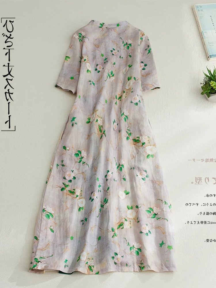 Robe longue en coton pour femmes, imprimé Floral chinois, avec boutons, jupe trapèze, col montant, dr
