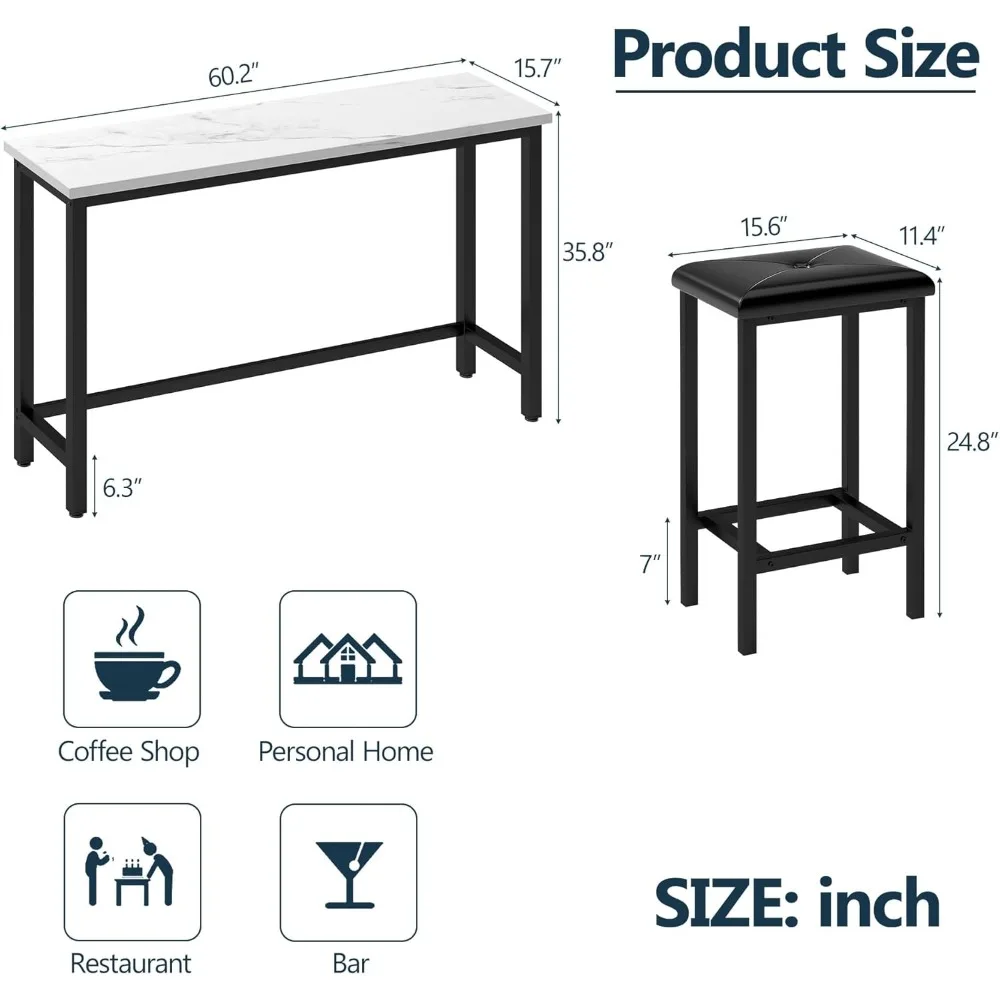 4-Piece Counter Height Dining Table Set with 60.2-Inch Faux Marble Table Top, Modern Extra Long Bar Table and Chairs Set as Bar