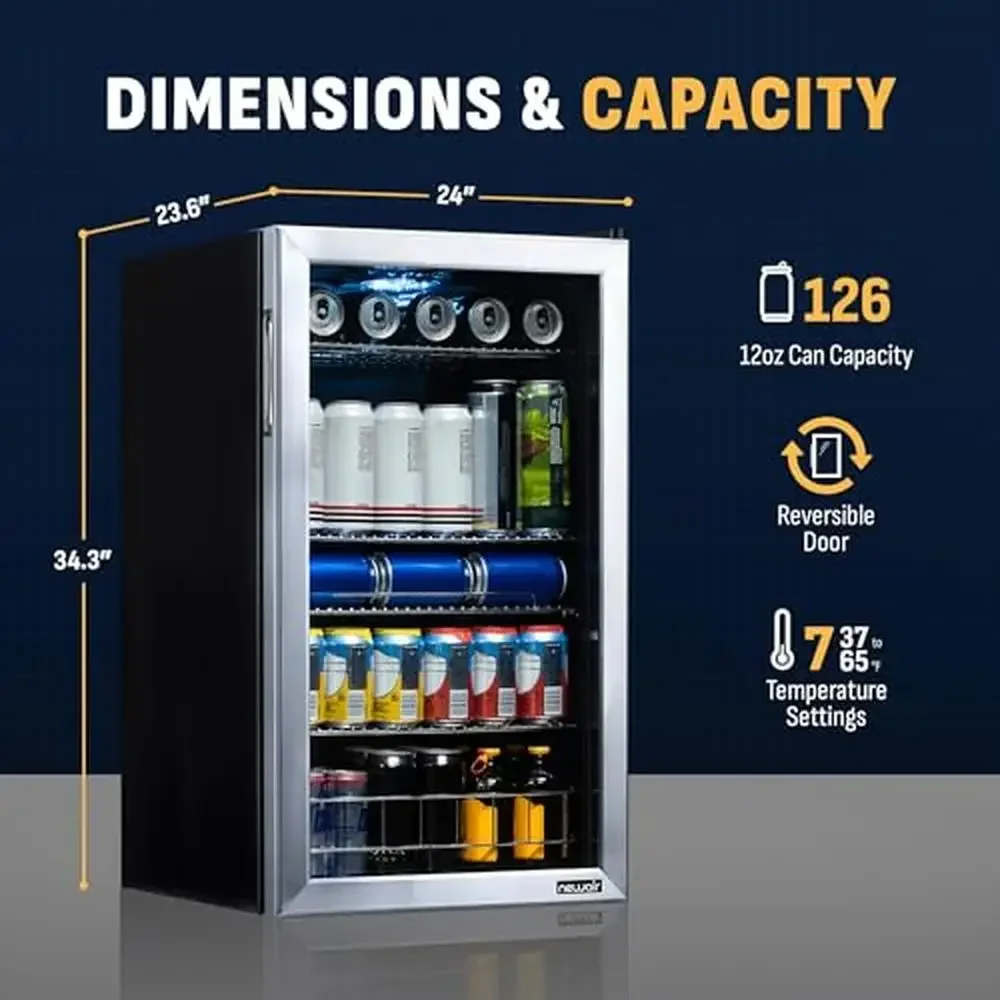 Versatile Stainless Steel 126-Can Beverage Cooler Adjustable Shelves Mini Fridge