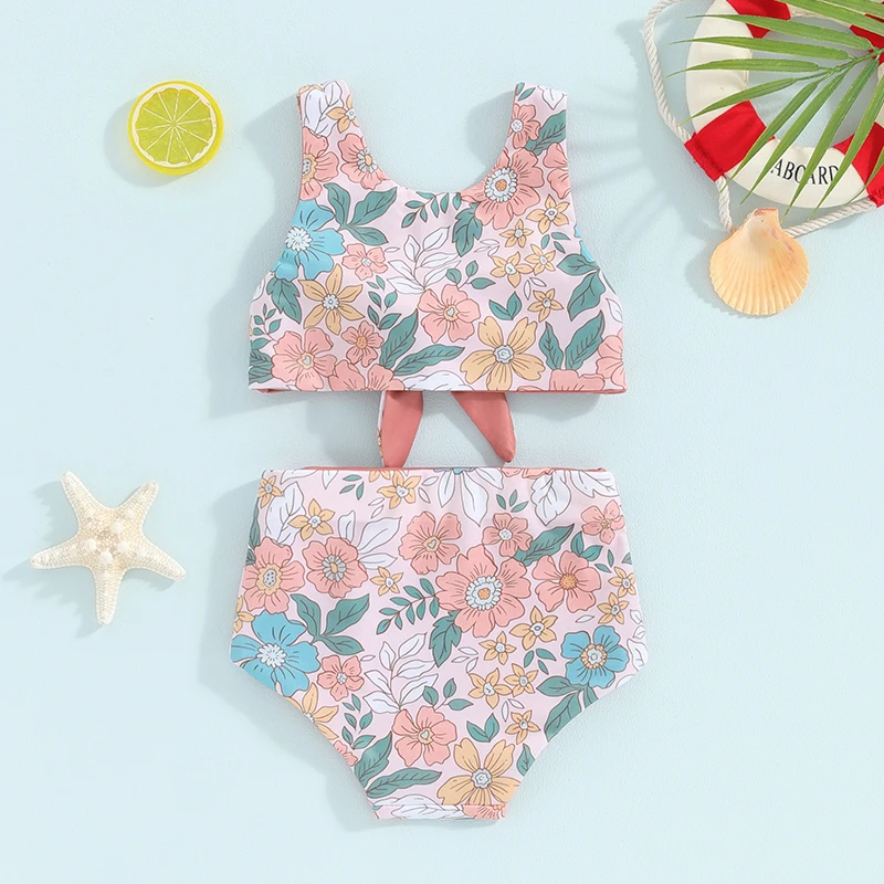 6M-4T Toddler Girls Two Piece Swimsuit Sleeveless Cartoon/Floral Double Sided Print Bikini Set 2024 Summer Swimsuit