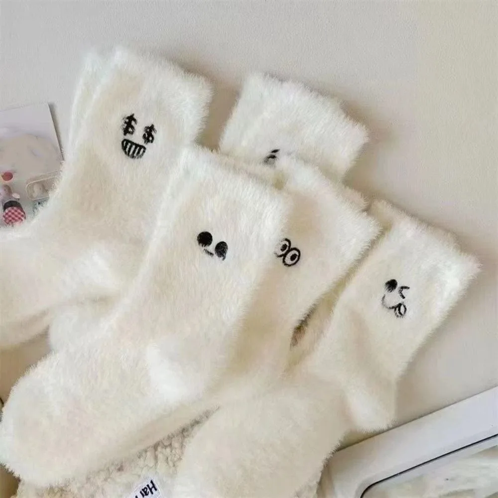

5Pairs Fashion Embroidered Mink Fur Socks Cartoon Sweet Socks Soft Pile Up Sleeping Socks Women Women