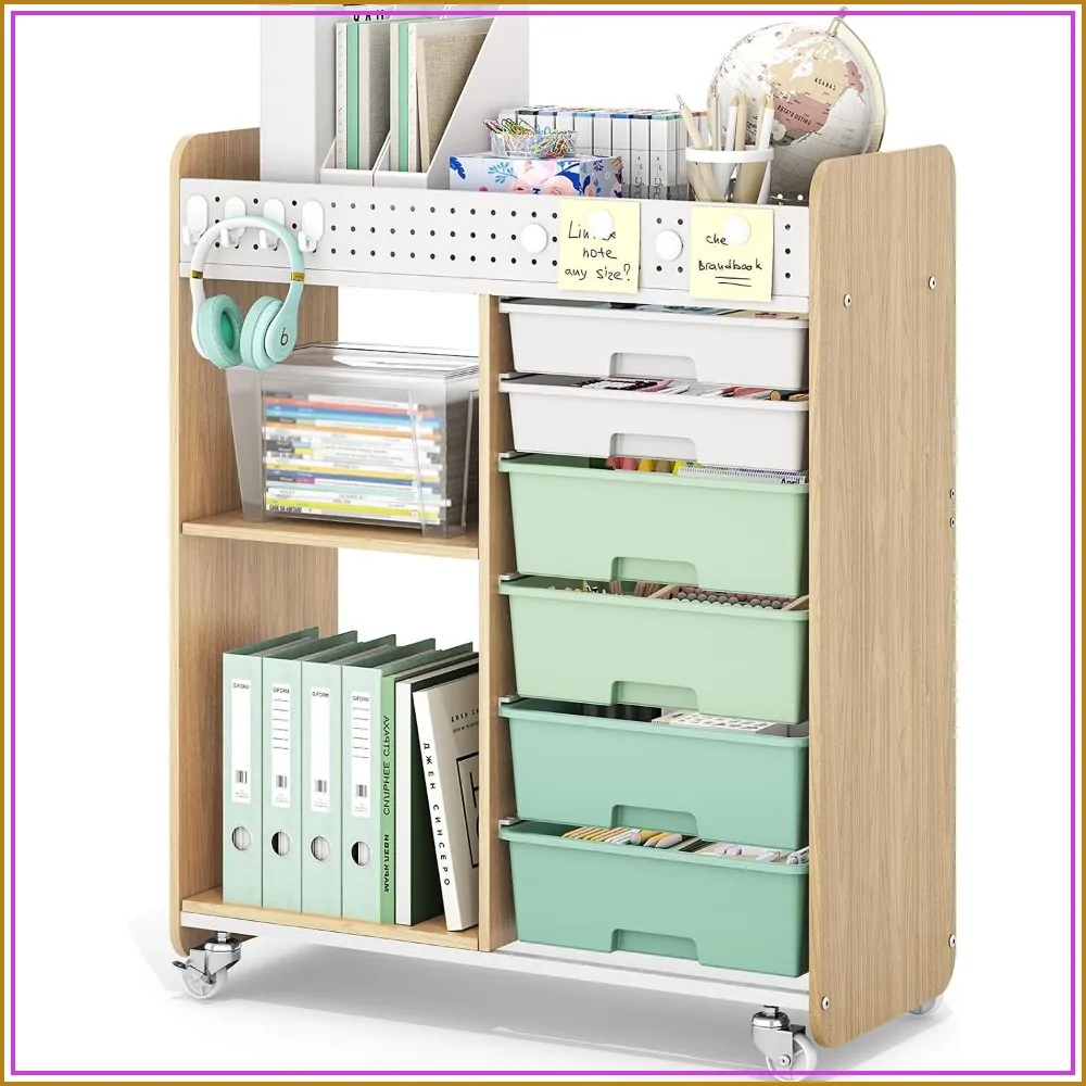 Rolling Craft Cart with 6 Drawers, Pegboard and Locking Wheels Green