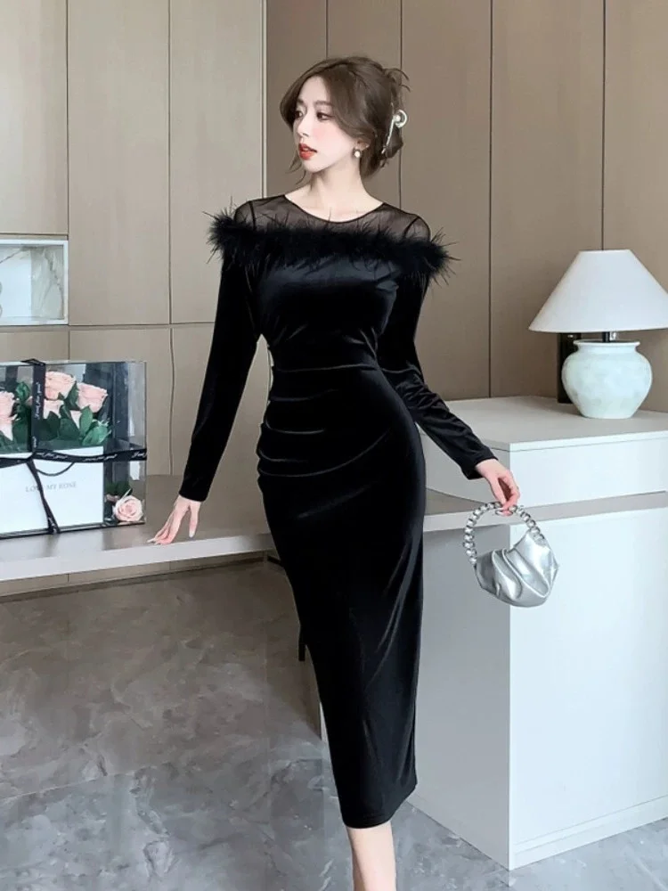 Luxury Feather Velvet Dress for Women Splicing Velour Long Sleeved Sheath Black Dresses 2024 Autumn Winter Bodycon Sexy Dress