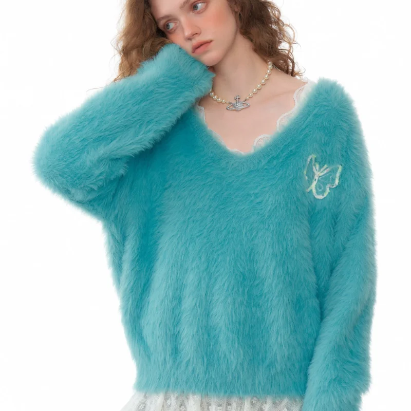 

Осенне-зимний норковый свитер, пуловер, новый модный однотонный свободный универсальный повседневный вязаный топ с v-образным вырезом