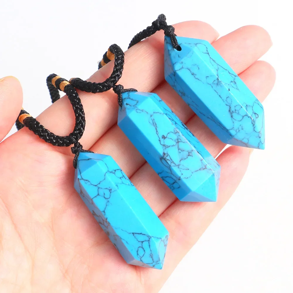 

Synthetic Blue Turquoise Stone Necklace Reiki Healing Crystal DoublePoint Pendant Pendulum Vintage Fashion Jewelry for Men Women