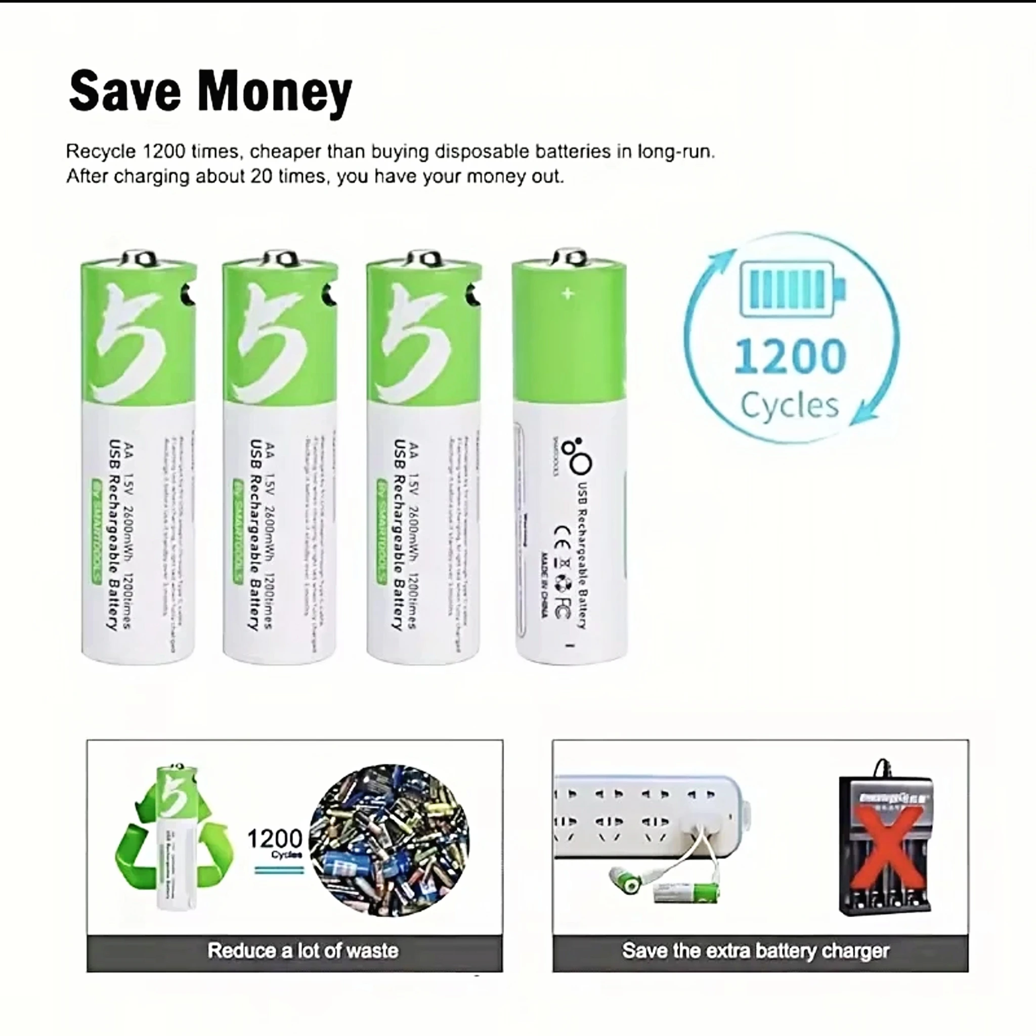 Brand New Original Aa1.5V2600Mwh Rechargeable Lithium-Ion Battery Environmentally Friendly Green Remote Control Mouse Small Fan Electric Toy Safe and Durable