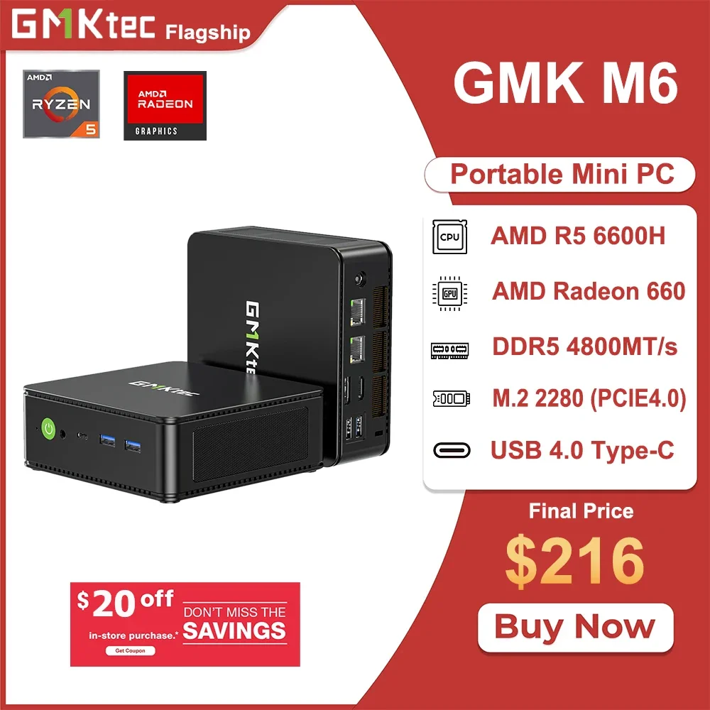 GMKtec M6 AMD R5 6600H Gaming Mini PC 6-core 12-thread 32GB DDR5 1TB SSD Computer PC Mini Computer PC Gaming Desktop