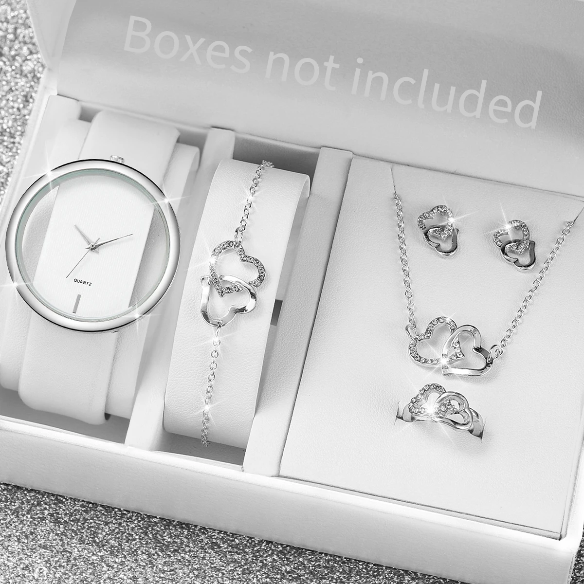 5PCS/Set Fashion Hollow Dial Women Quartz Watch Rhinestone Heart Jewelry Set Ladies Leather Band Wrist WatchWithout Box