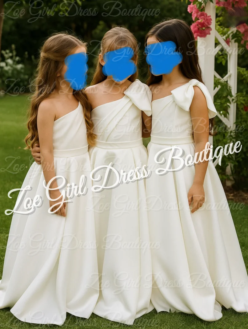 ワンショルダーフラワーガールドレス 結婚式用 リボン付き サテン フロアレングス ボールガウン ベビーガール誕生日ボールガウン カスタマイズ