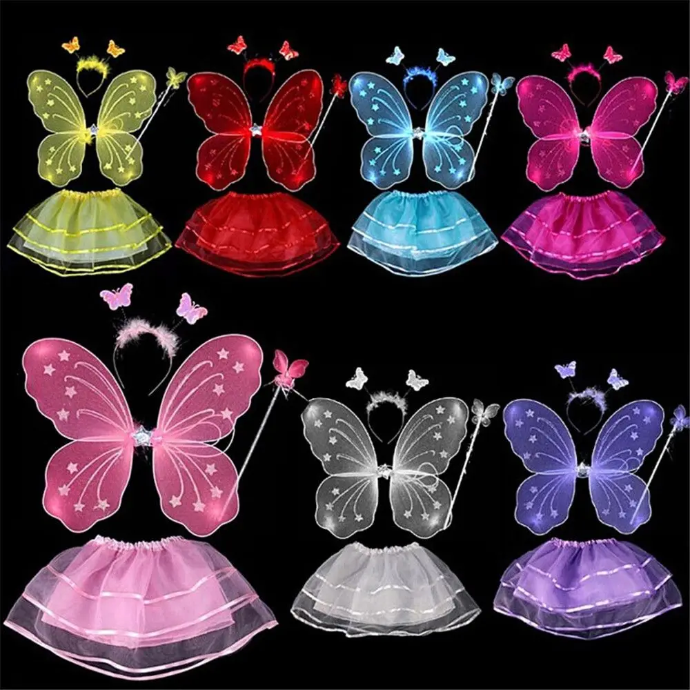 4Pcs Colorful Kids Girls Fairy Princess Costume Sets Stage Wear Butterfly Wings Wand Headband Tutu Skirts