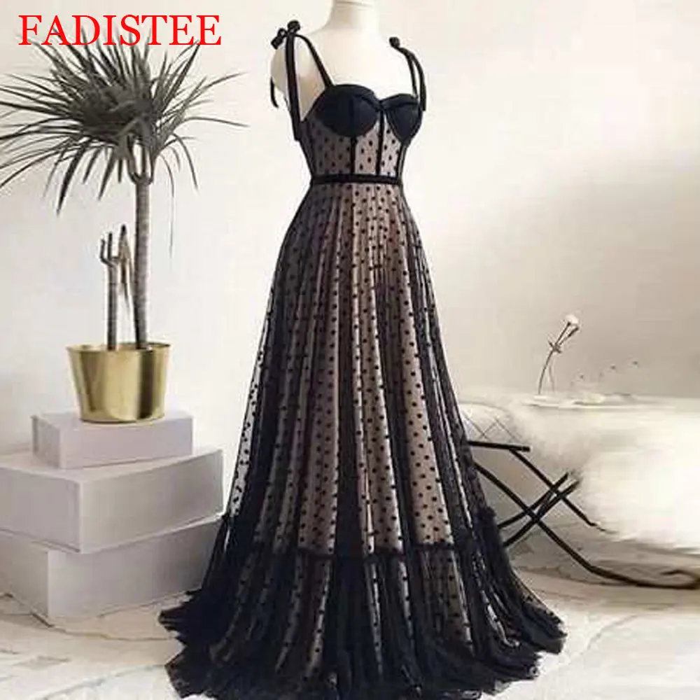 Vintage Evening Dresses Sweetheart Spaghetti Straps Dot Black And Champagne Lining Formal Prom Gown Robe De Soiree Femmes