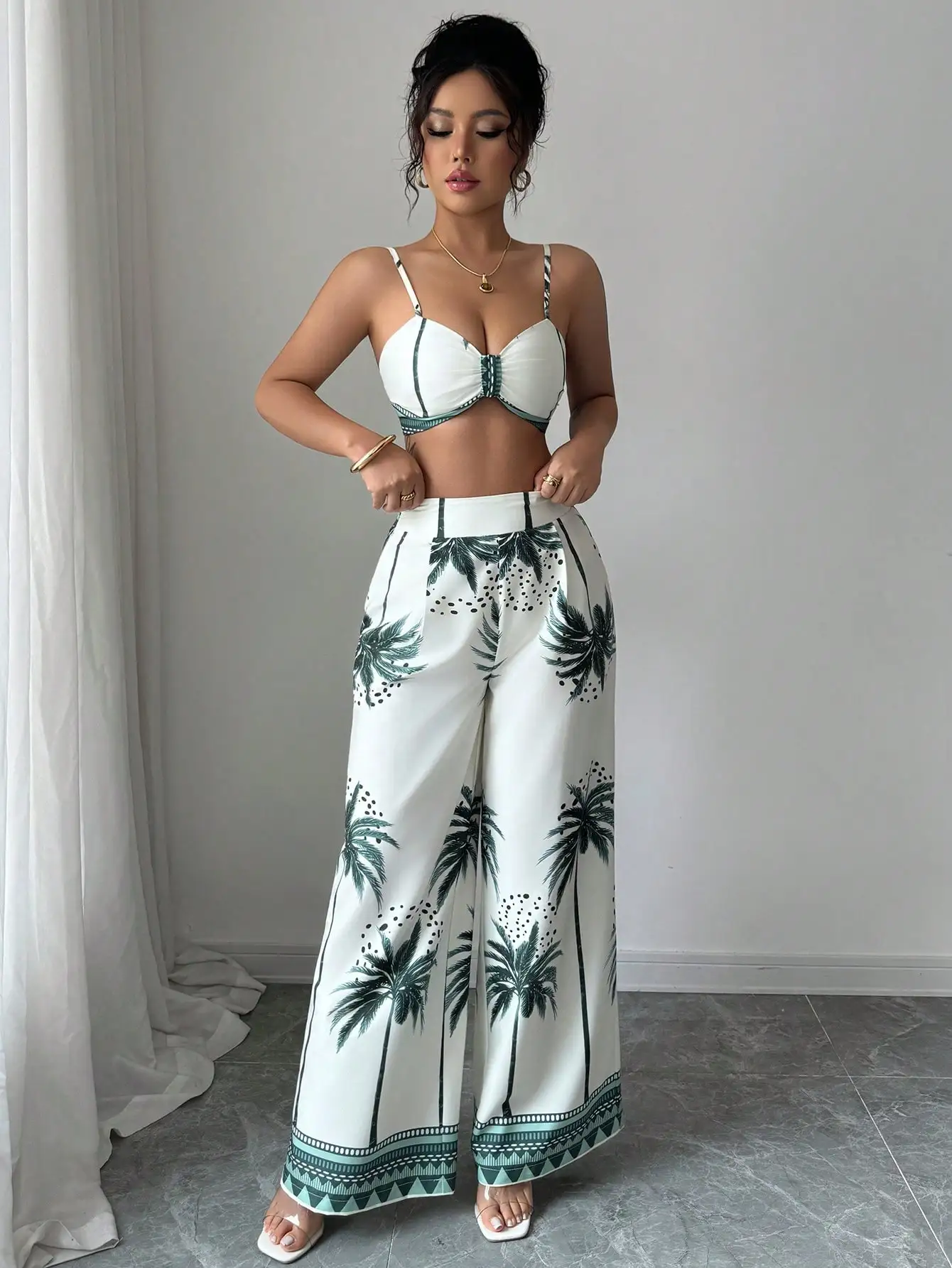 Women's Tropical Palm Print Two Piece Set with High Waisted Wide Leg Pants & Strappy Crop Top for Summer Vacation