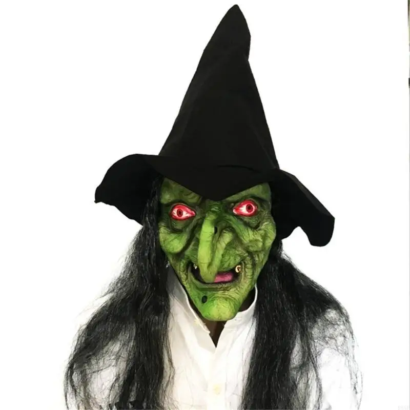 B95F Maschera da strega vecchia Maschera verde Maschera Halloween Maschera inquietante Maschera horror spaventoso Costume con